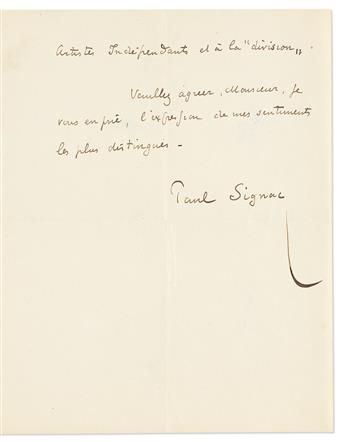SIGNAC, PAUL. Group of 4 Autograph Letters Signed, in full or P. Signac, to My dear friend or Sir or Dear Madam or Dear Sir,
